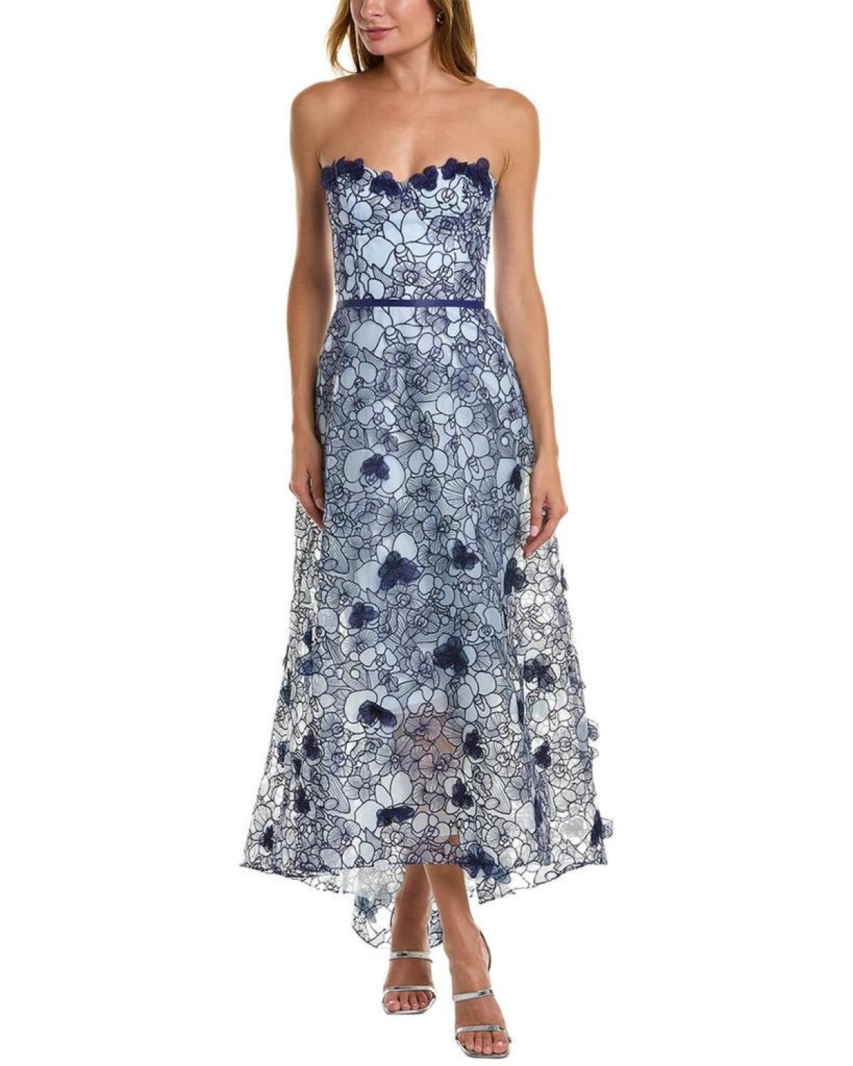 Marchesa Notte Embroidered Lace Midi Dress