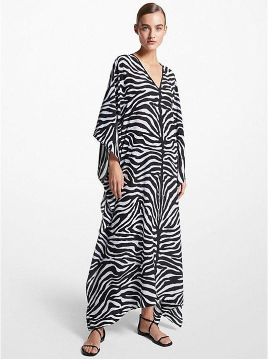 Zebra Silk Crepe De Chine Caftan Dress