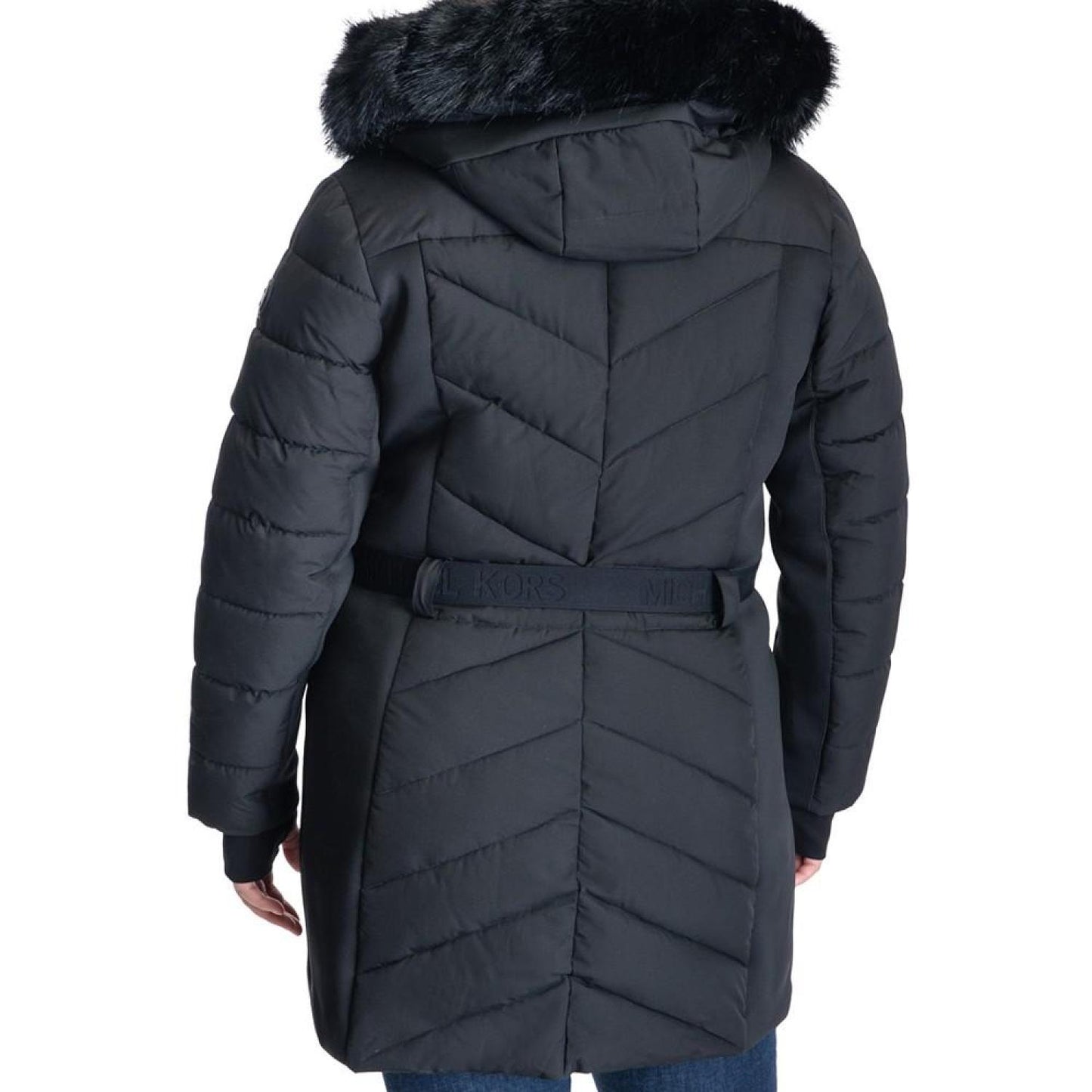 Women's Plus Size Belted Faux-Fur-Trim Hooded Puffer Coat, Created for Macy's