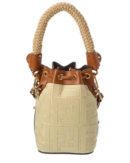 FENDI Mon Tresor Mini FF Raffia & Leather Bucket Bag