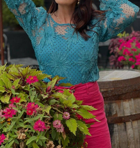 Lace Floral Blouse In Turquoise