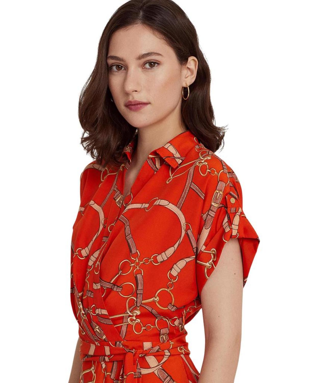 Belting-Print Belted Crepe Dress