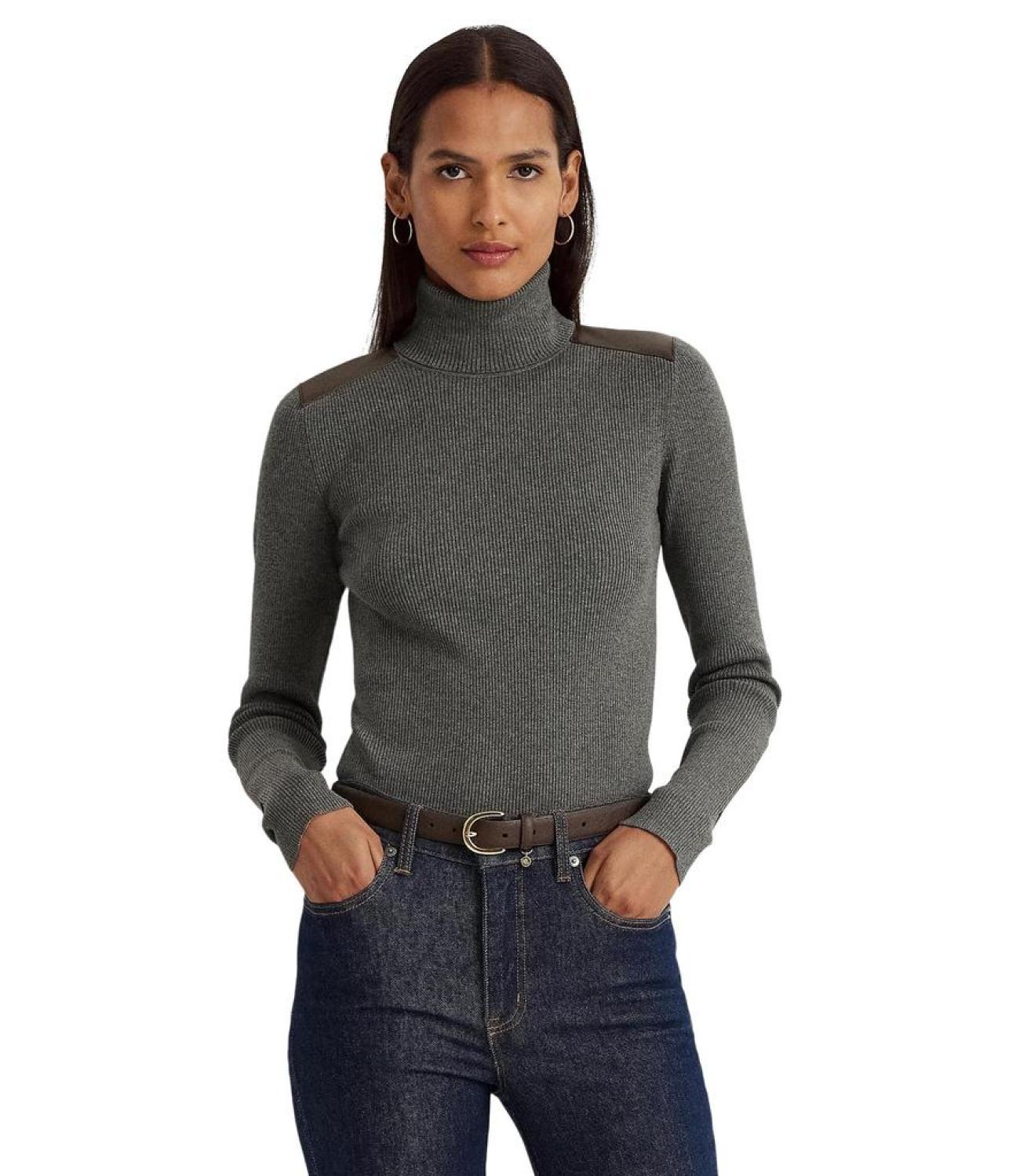 Faux Leather-Trim Ribbed Turtleneck