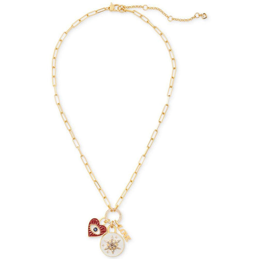 Gold-Tone Crystal & Mother-of-Pearl Evil Eye Heart Multi-Charm Pendant Necklace, 18" + 3" extender