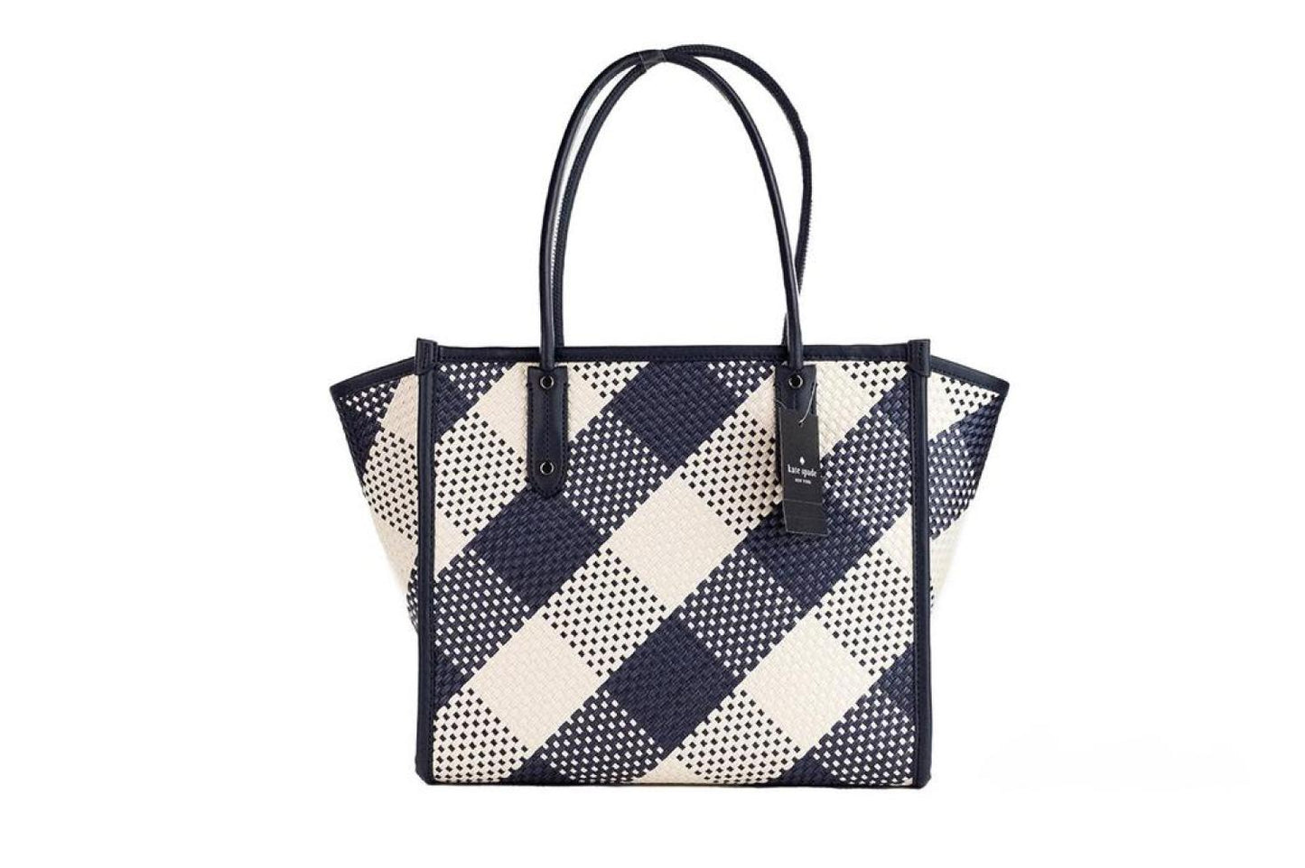 Kate Spade Ella Gingham Blazer blue Oversized Woven Shoulder Tote Bag Women's Purse