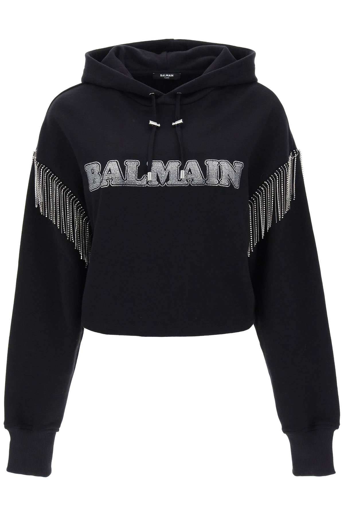 Balmain cropped hoodie with rhinestone-studded logo and crystal cupchains