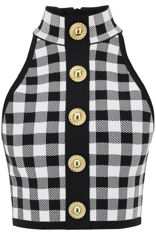 Balmain gingham knit cropped top with embossed buttons