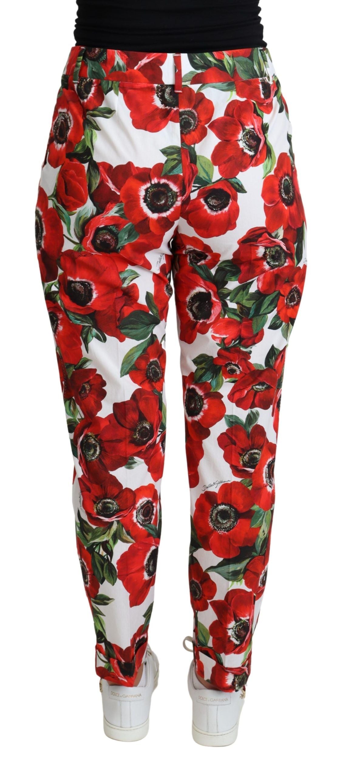 Dolce & Gabbana Elegant White Poppy Print Tapered Pants