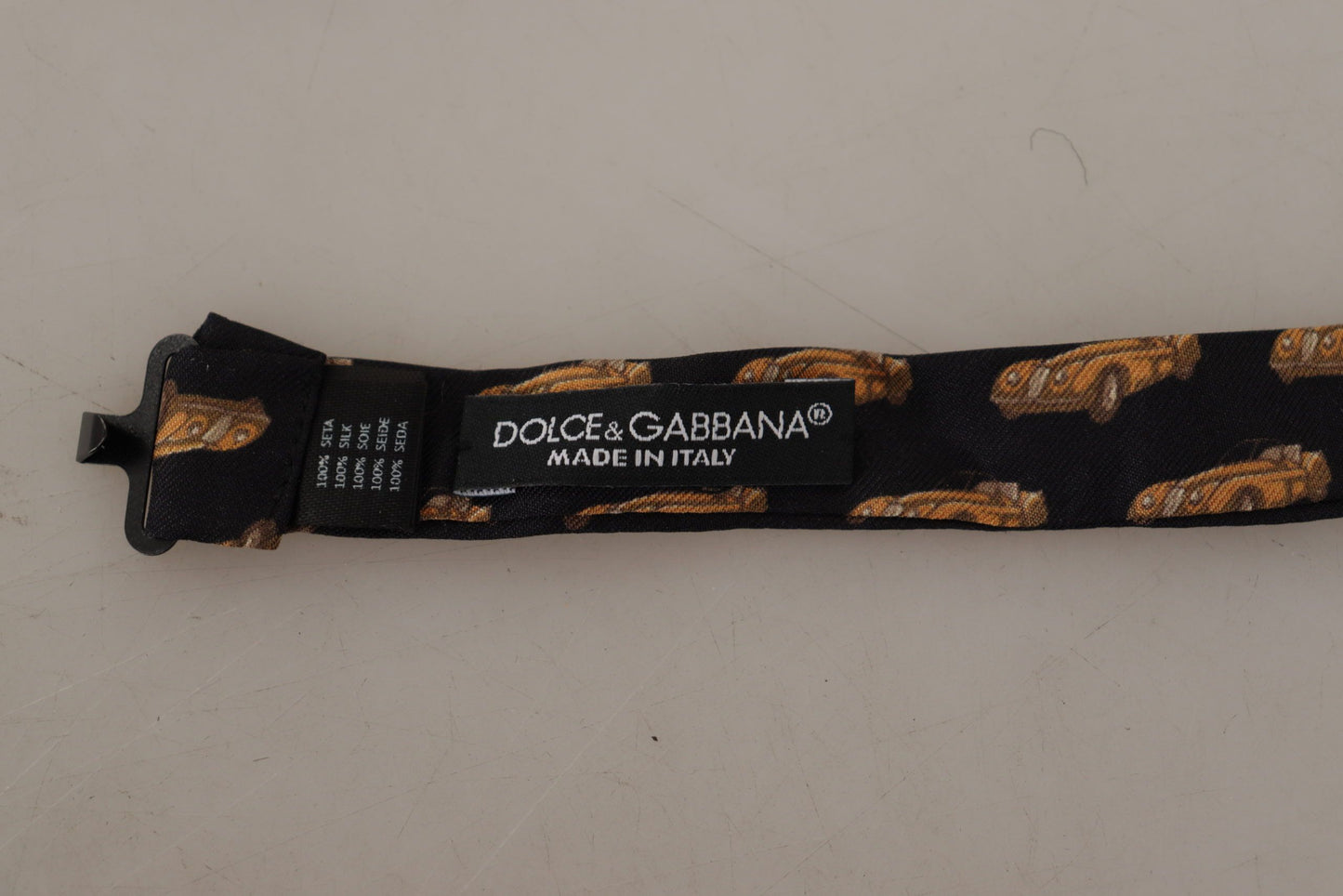 Dolce & Gabbana Black Orange Car Print Silk Bow Tie