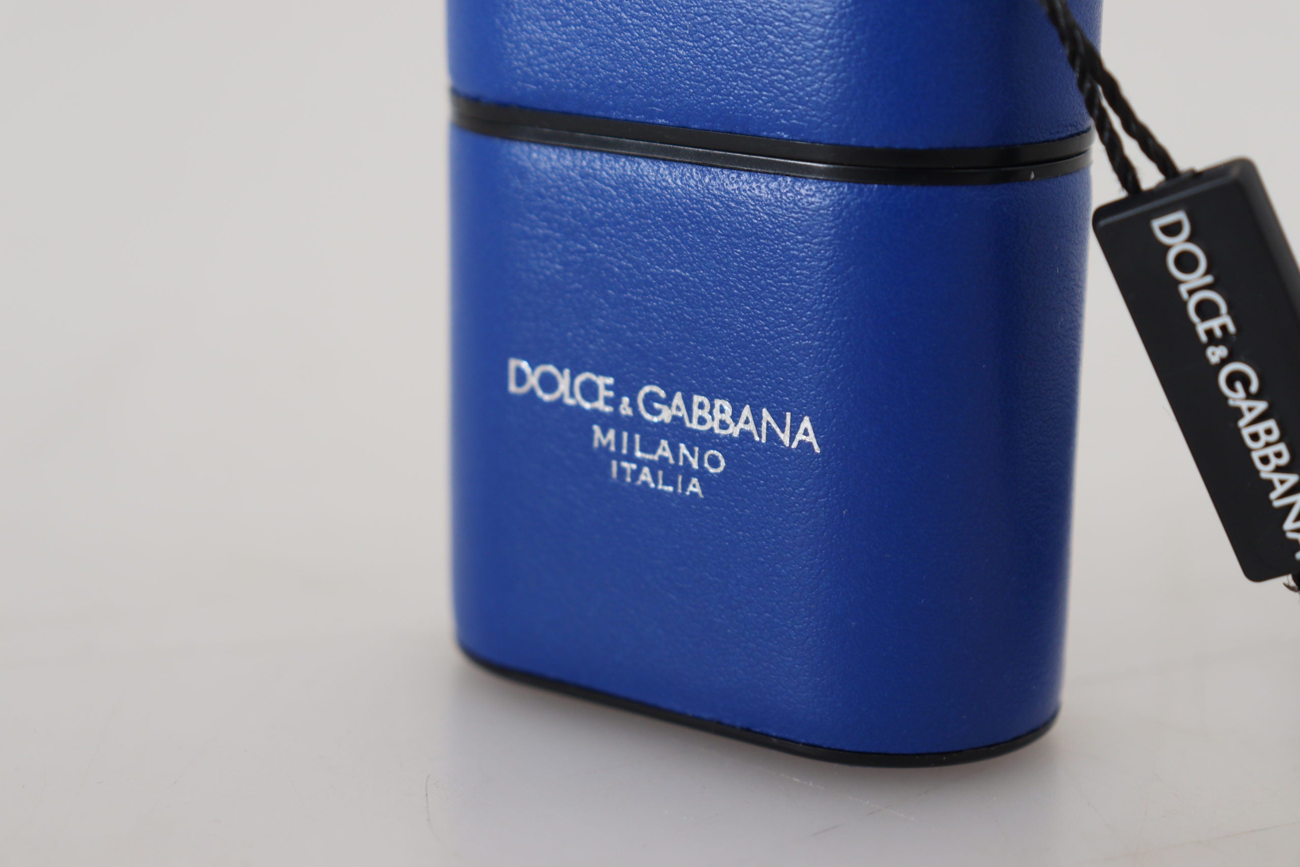 Dolce Gabbana Blue Leather Silver Metal Logo Airpods Case