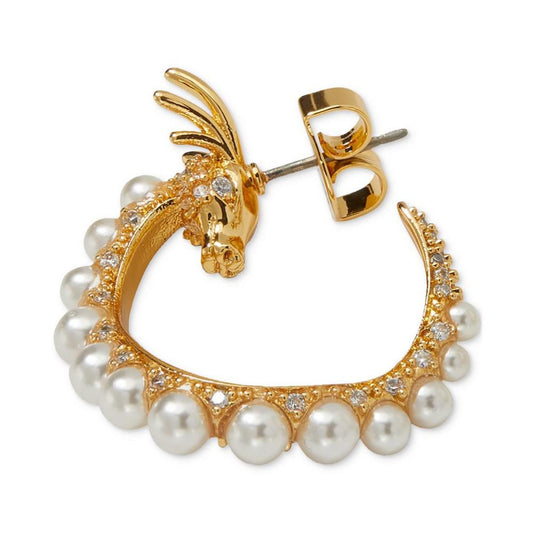 Gold-Tone Medium Pavé & Imitation Pearl Dragon Hoop Earrings, 1.18"