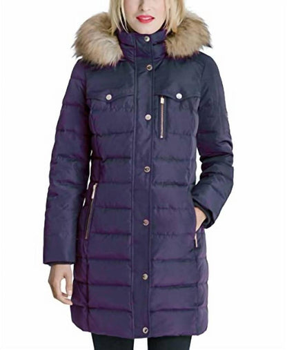 Women Faux Fur Trim Hooded Down Fill Puffer Jacket In Navy