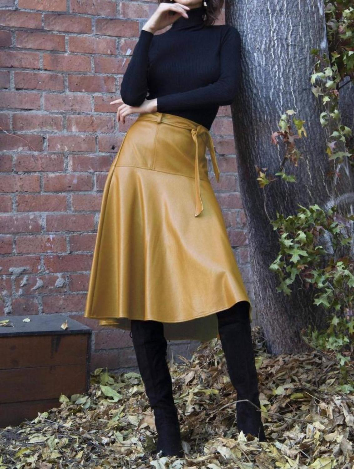 Faux Leather Belted Midi Allas Skirt In Toupe