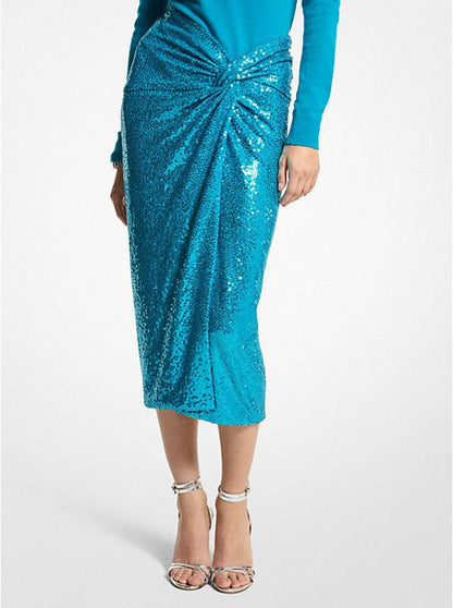 Hand-Embroidered Sequin Stretch Jersey Pareo Skirt