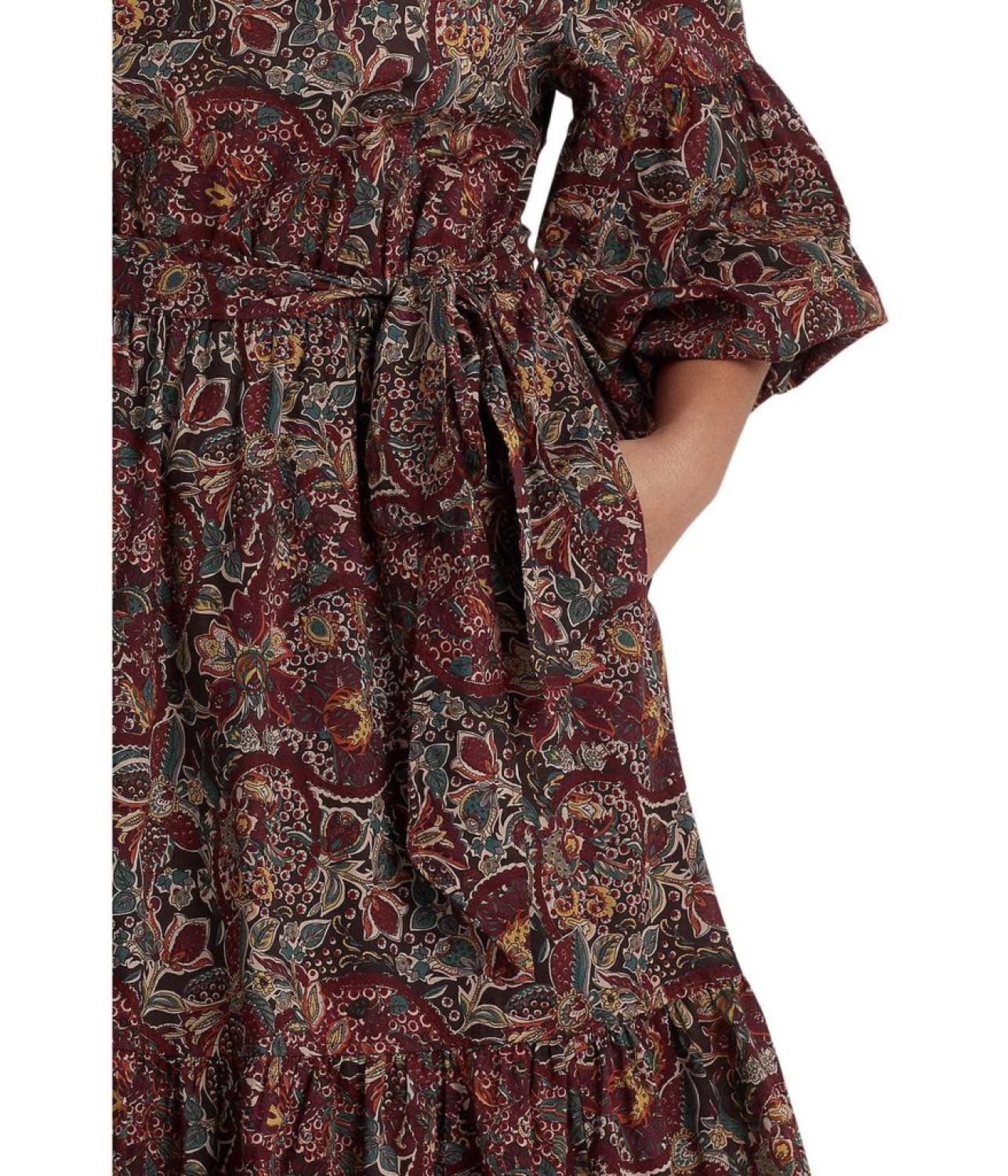 Plus Size Floral Belted Cotton Voile Tiered Dress