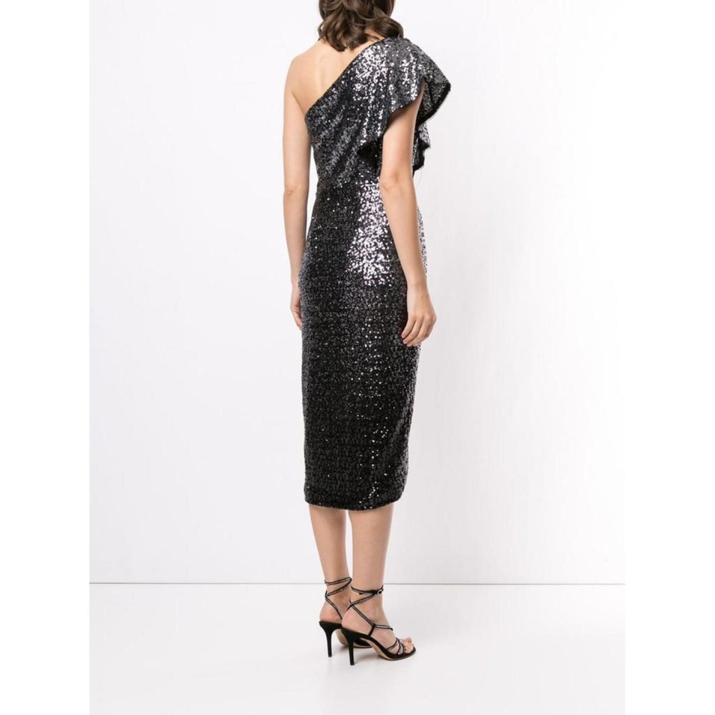 One Shoulder Sequin Wrap Tea-Length Dress