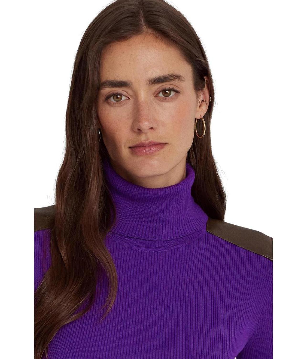 Faux Leather-Trim Ribbed Turtleneck