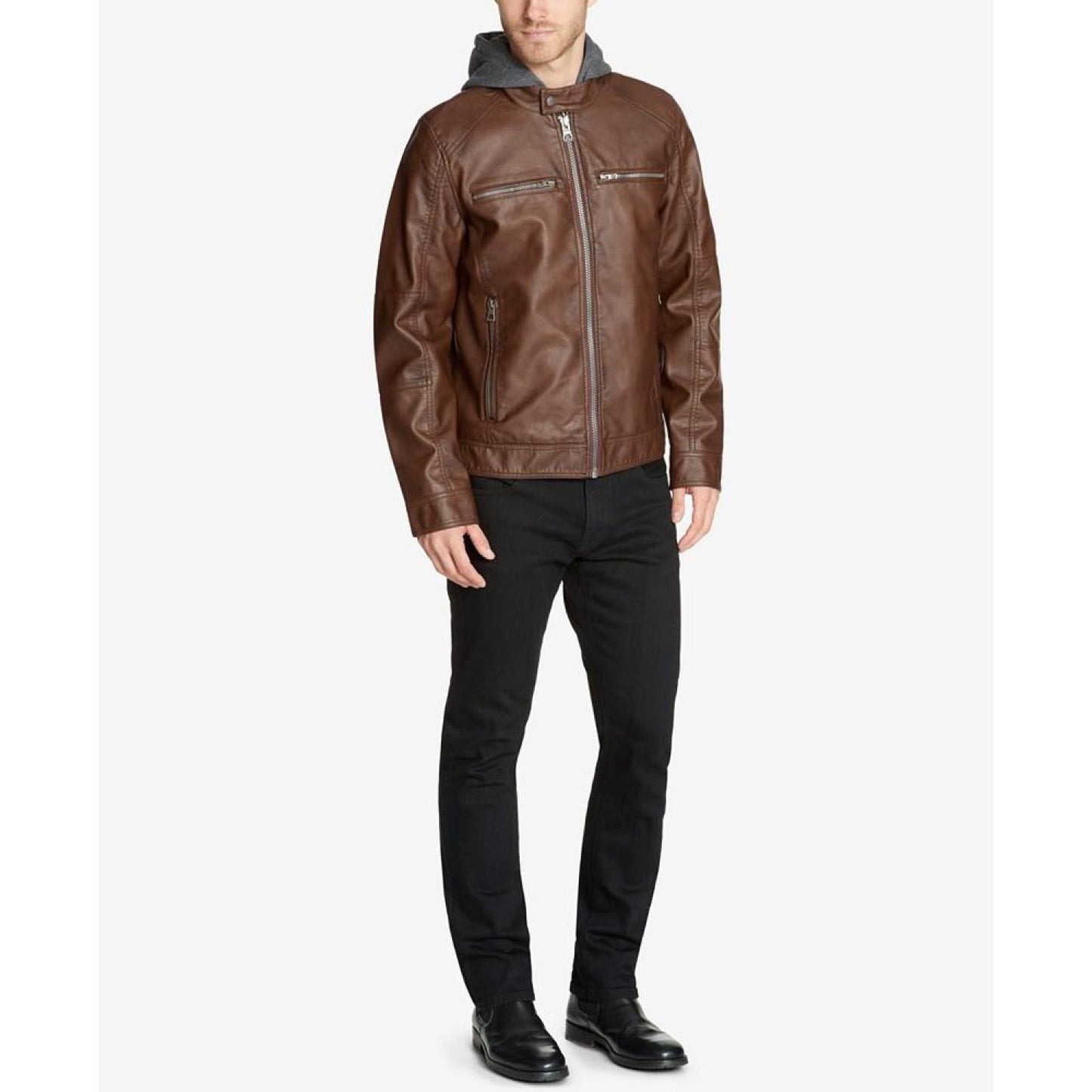 Men's Faux-Leather Detachable-Hood Motorcycle Jacket