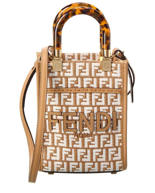 FENDI Sunshine Mini Raffia & Leather Tote