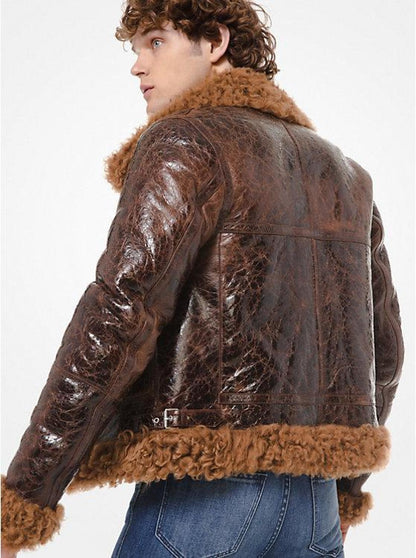 Distressed Patent Leather Shearling Jacket