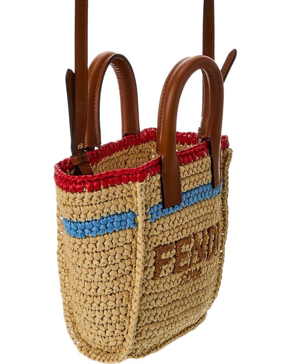 FENDI Sunshine Mini Raffia & Leather Tote