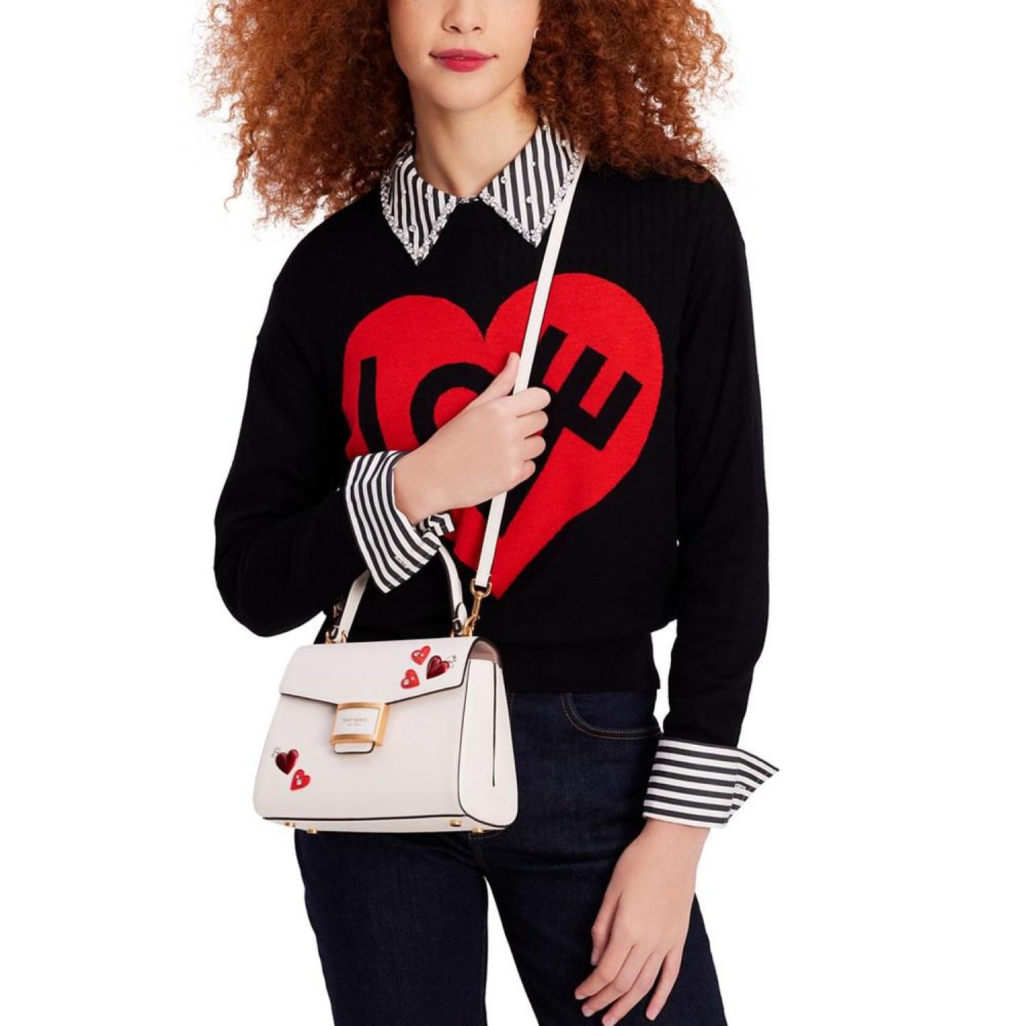 Katy Heart Embellished Textured Leather Top Handle Bag