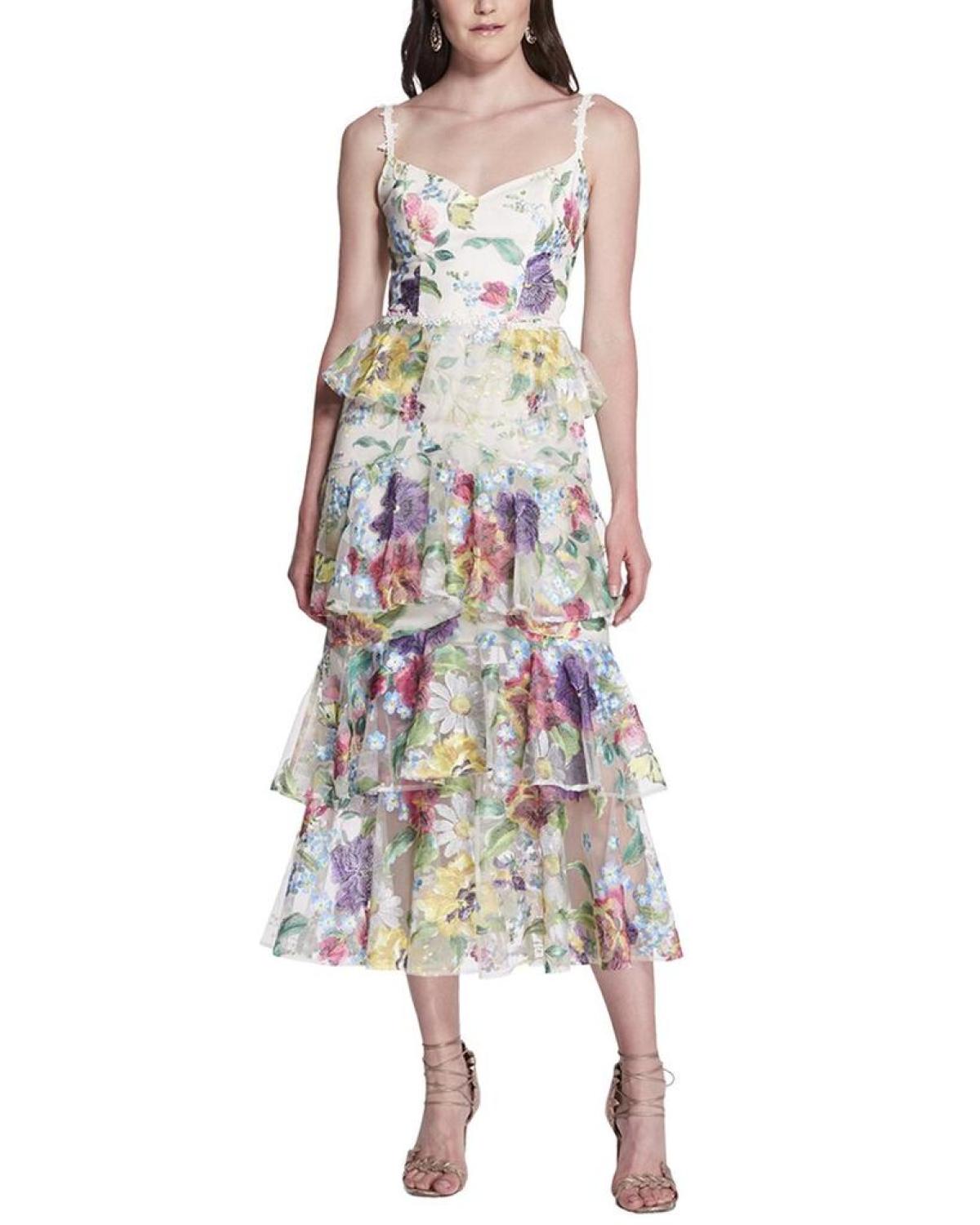 Marchesa Notte Tiered Embroidered Tea-Length Dress