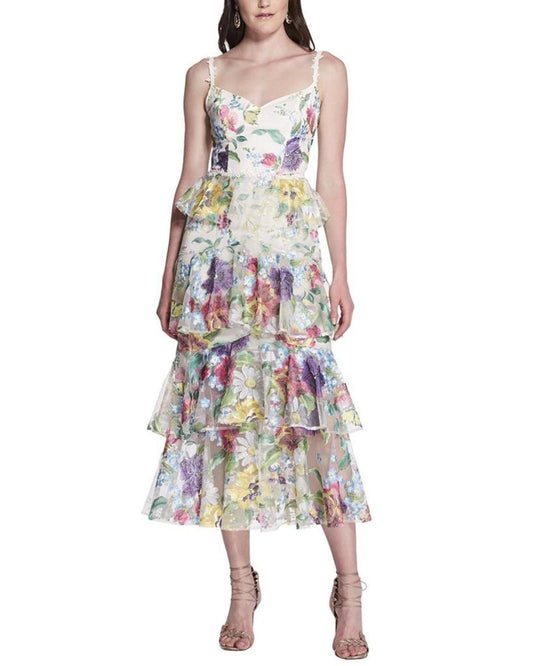 Marchesa Notte Tiered Embroidered Tea-Length Dress