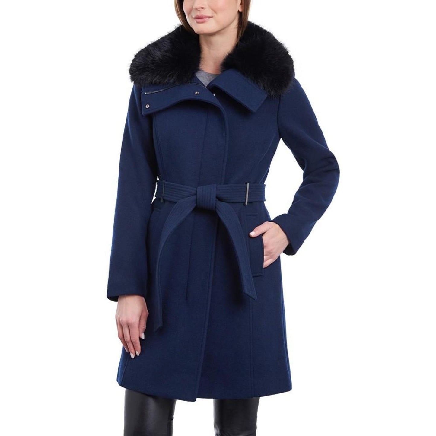 Women's Petite Belted Faux-Fur-Collar Coat