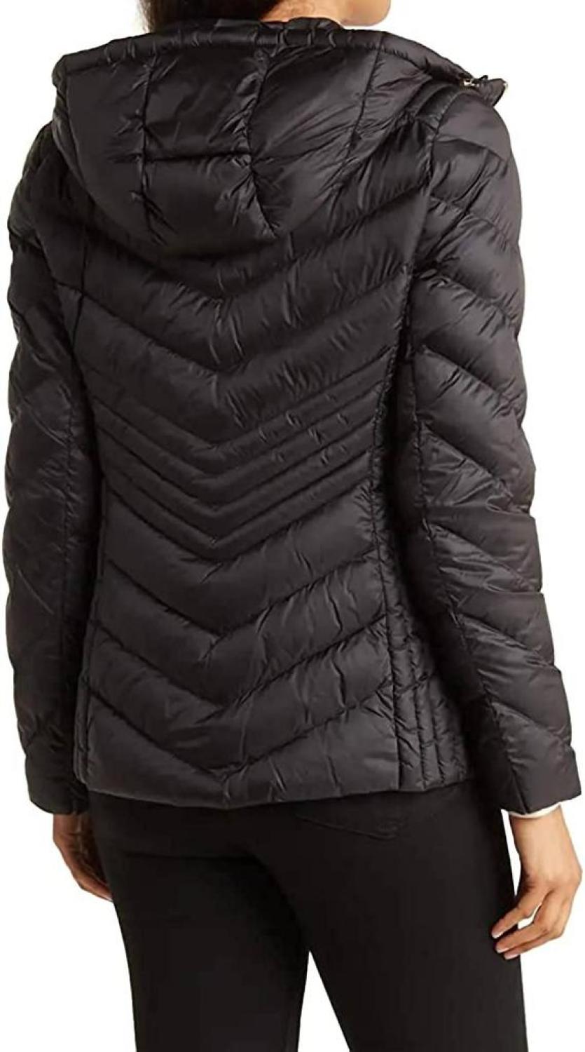 Women's Chevron Double Layer Zipper 3/4 Hooded Packable Coat In Black