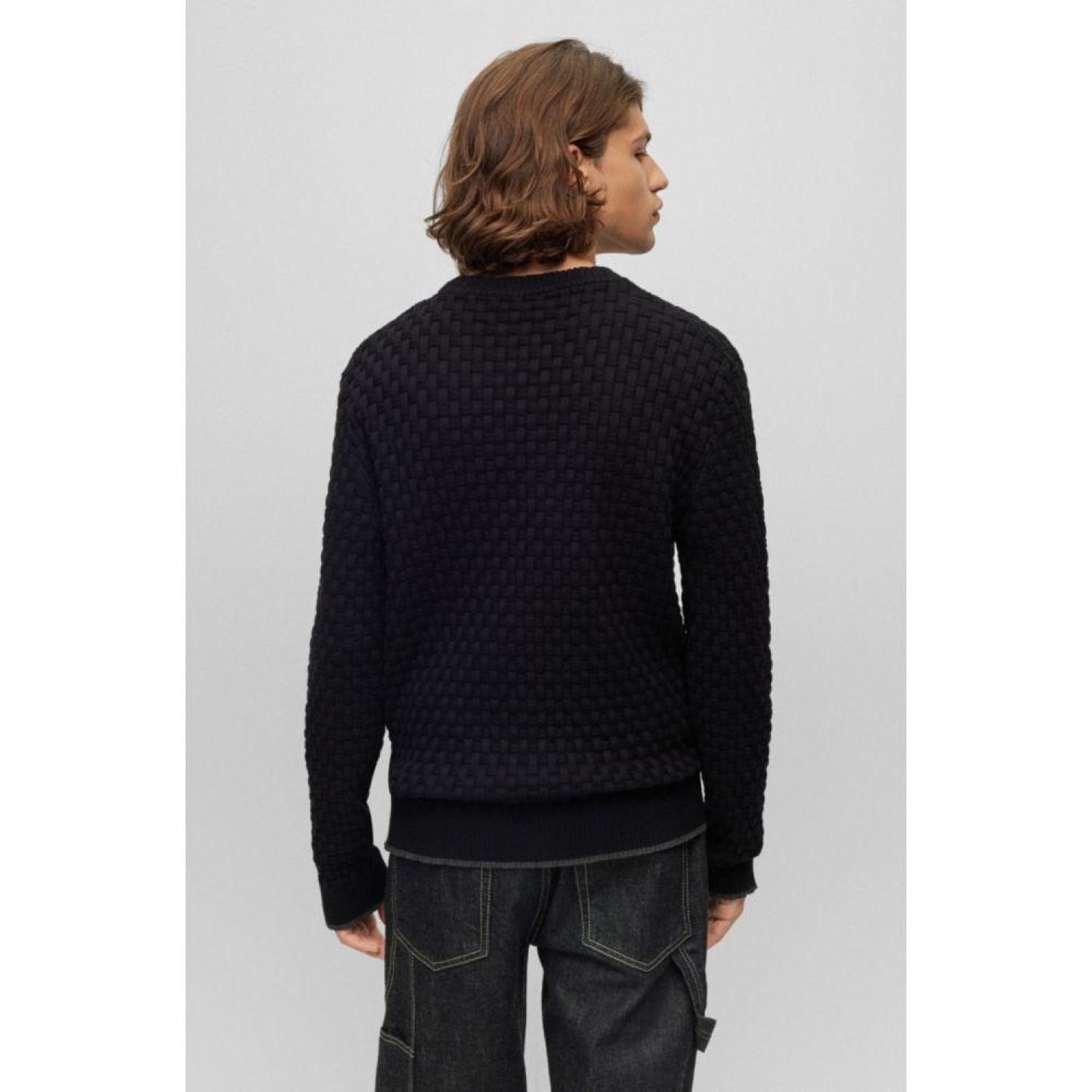 Crew-neck sweater in cotton with woven structure