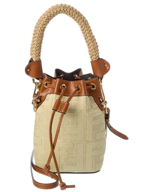 FENDI Mon Tresor Mini FF Raffia & Leather Bucket Bag