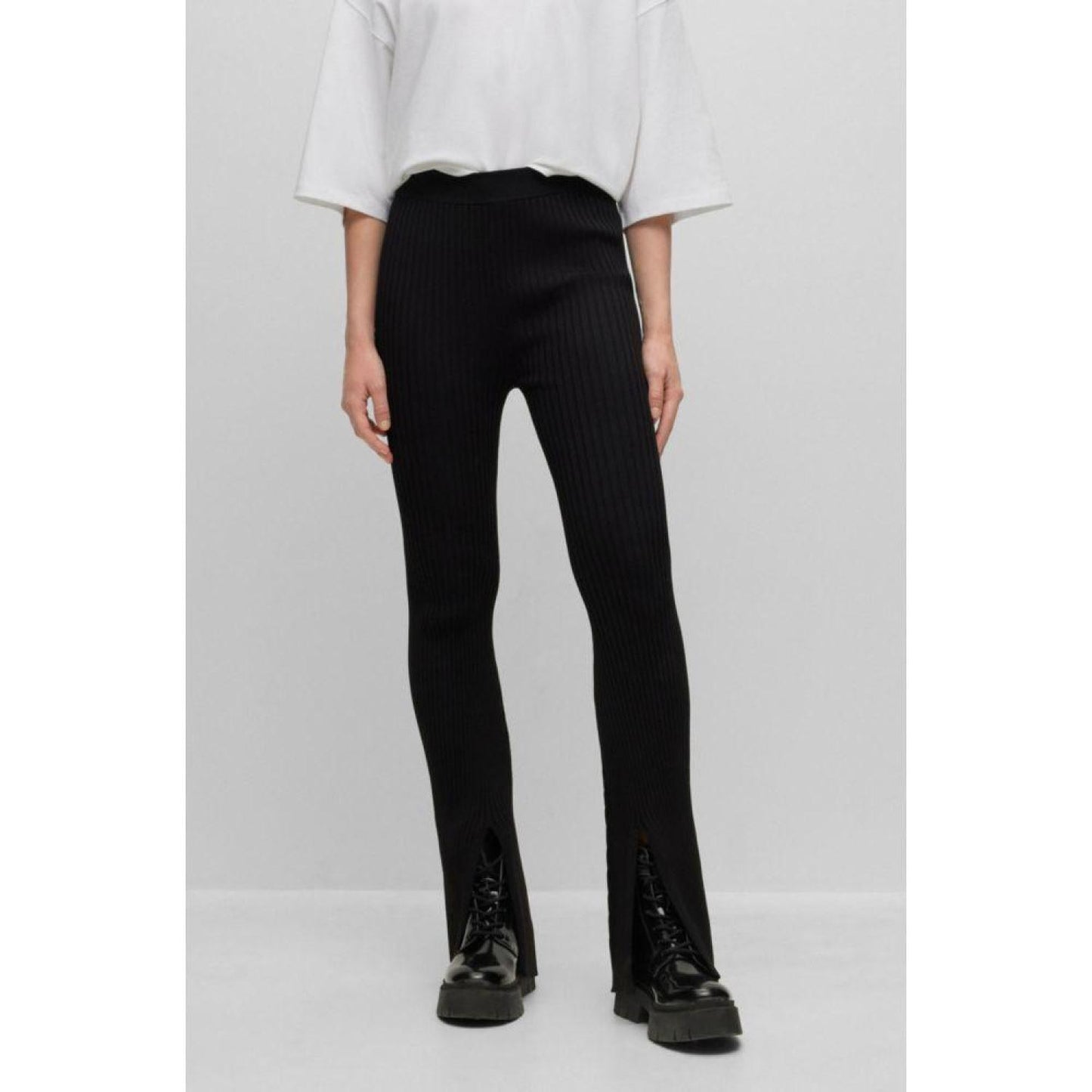 Ribbed-crepe regular-fit trousers with slit hems