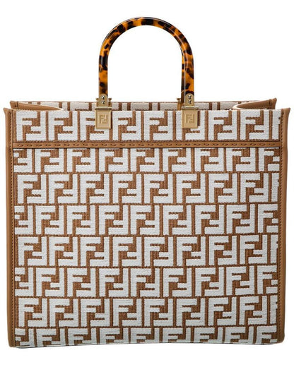 FENDI Sunshine Medium Raffia & Leather Tote