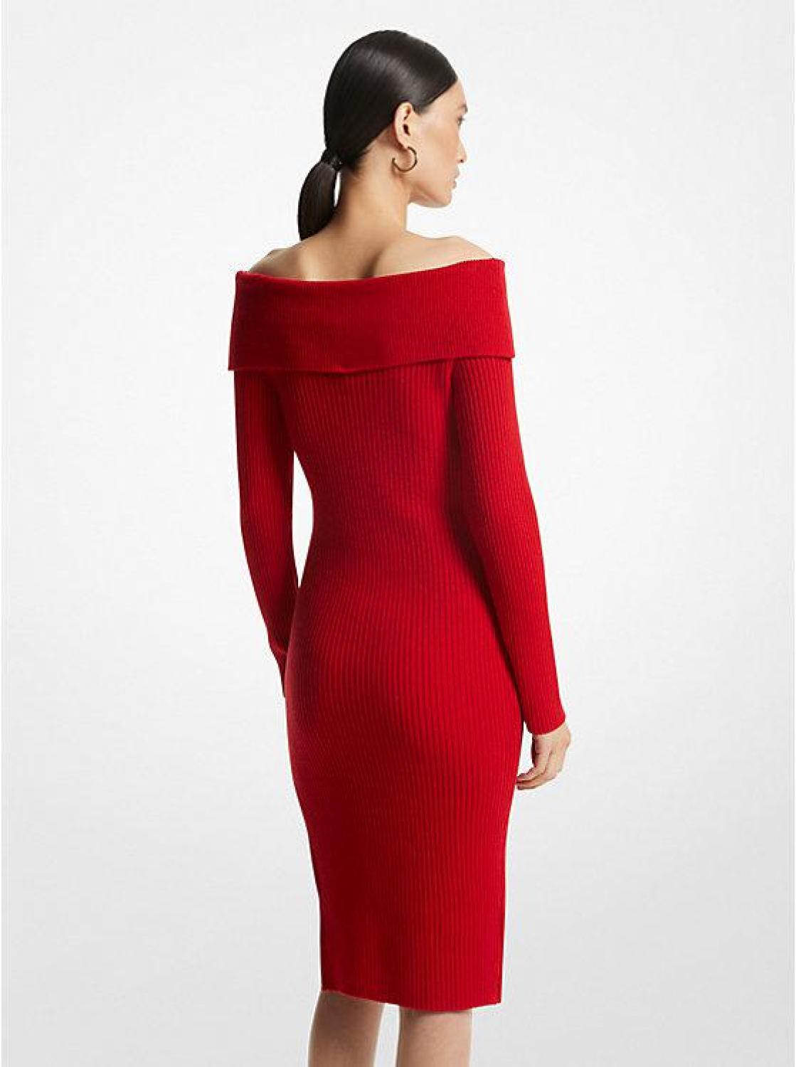 Off-The-Shoulder Ribbed Wool and Cashmere Dress