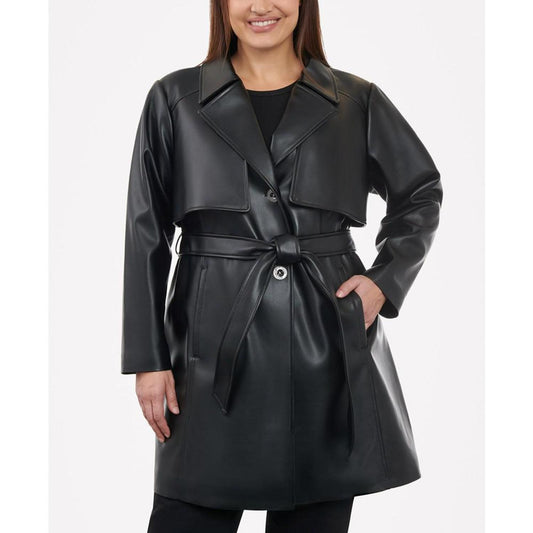 Women's Plus Size Belted Faux-Leather Trench Coat