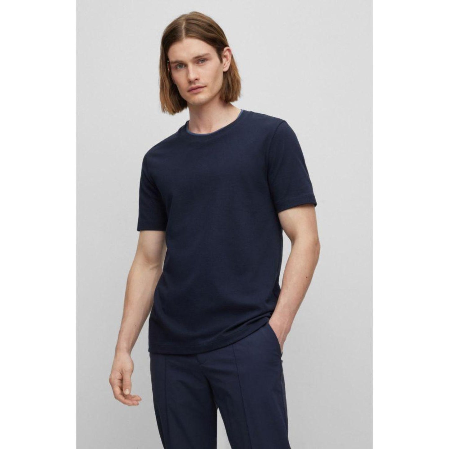 Slim-fit T-shirt in structured cotton with double collar