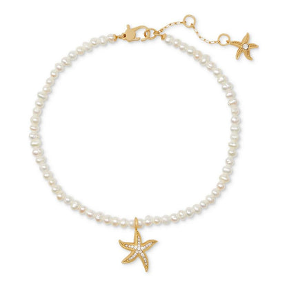 Gold-Tone Pavé Starfish Charm Cultured Freshwater Pearl (4mm) Beaded Ankle Bracelet