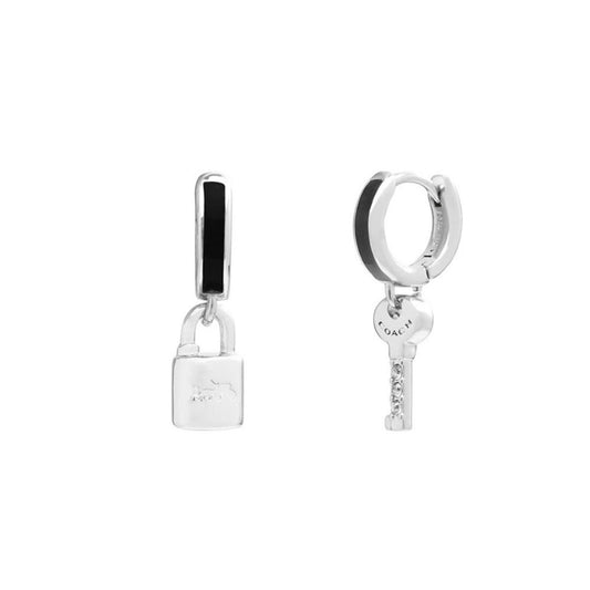 Black Signature Motif Charm Huggie Earrings