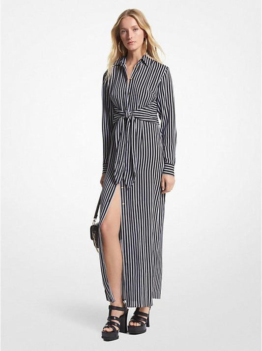 Striped Georgette Tie-Front Shirtdress