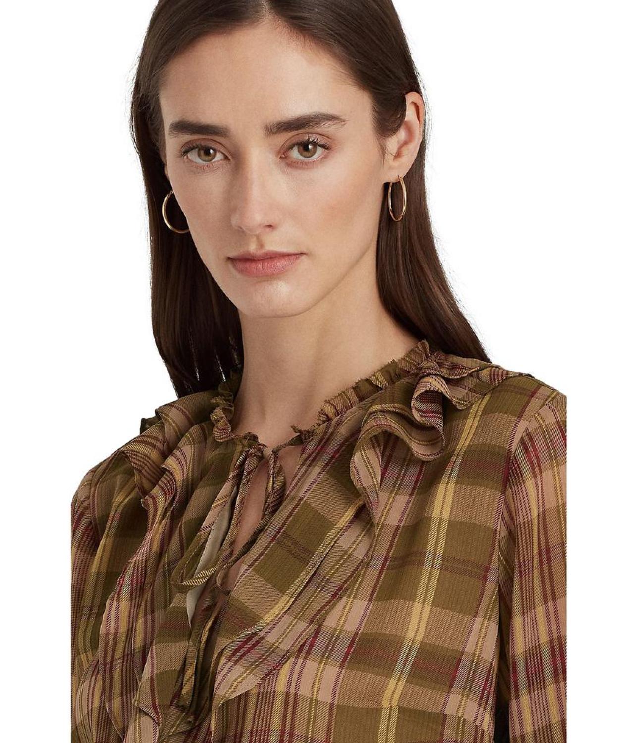 Petite Plaid Ruffle-Trim Georgette Blouse