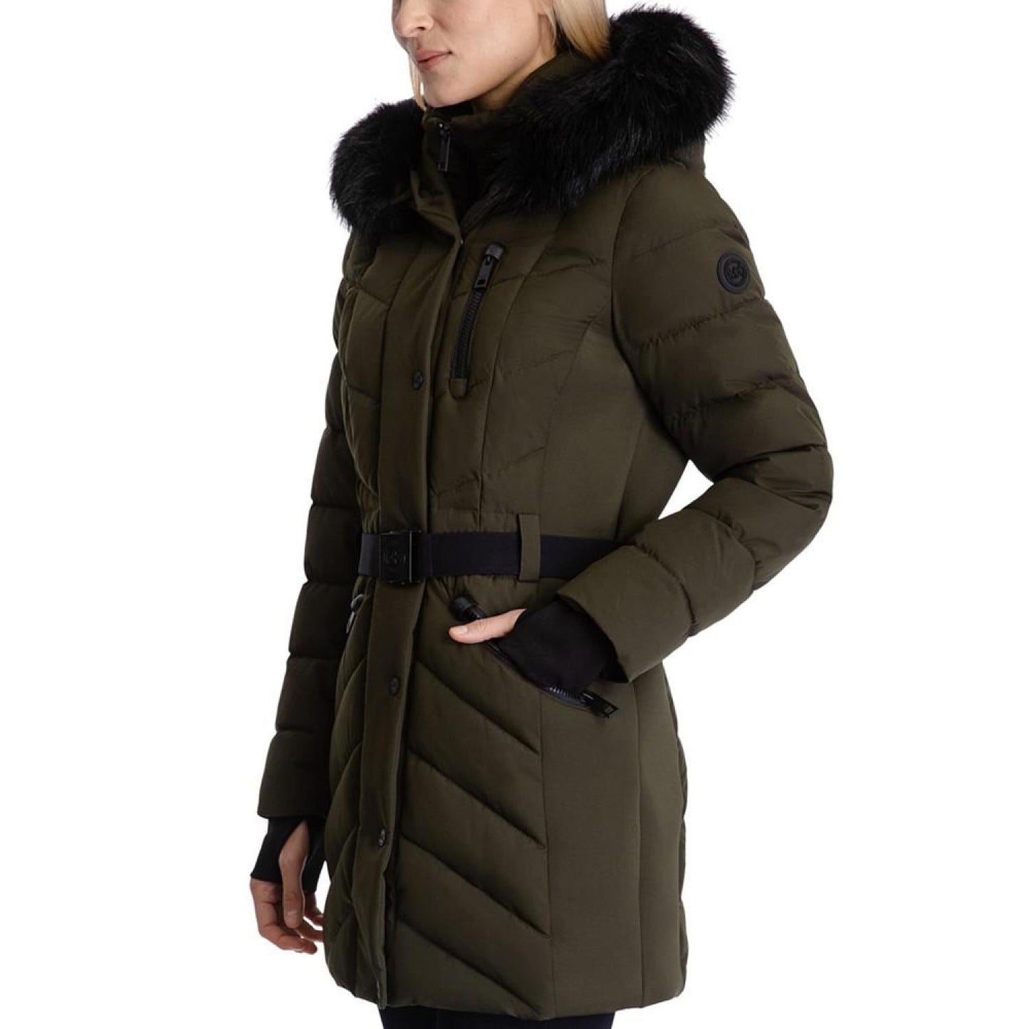 Women's Belted Faux-Fur-Trim Hooded Puffer Coat