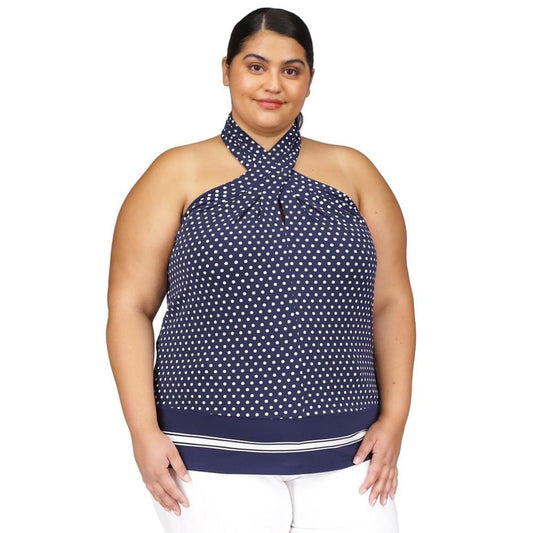 Plus Size Dot-Print Border-Hem Halter Top