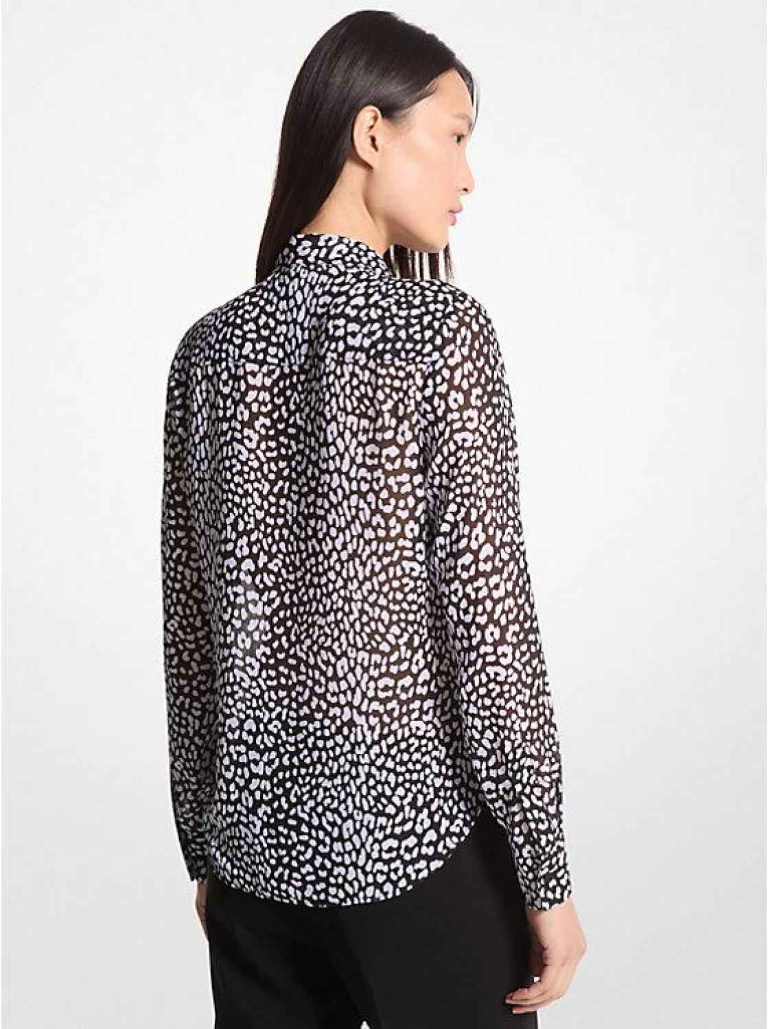 Graphic Leopard Print Georgette Tie-Neck Blouse