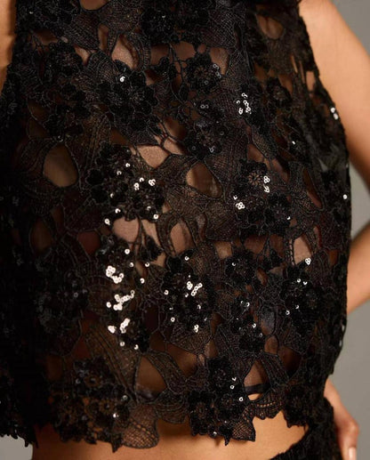 Sheer Embroidered Sequin Tank Top In Black