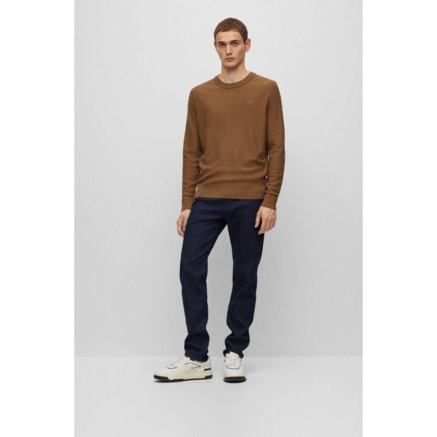 Wool-blend sweater with embroidered logo in regular fit