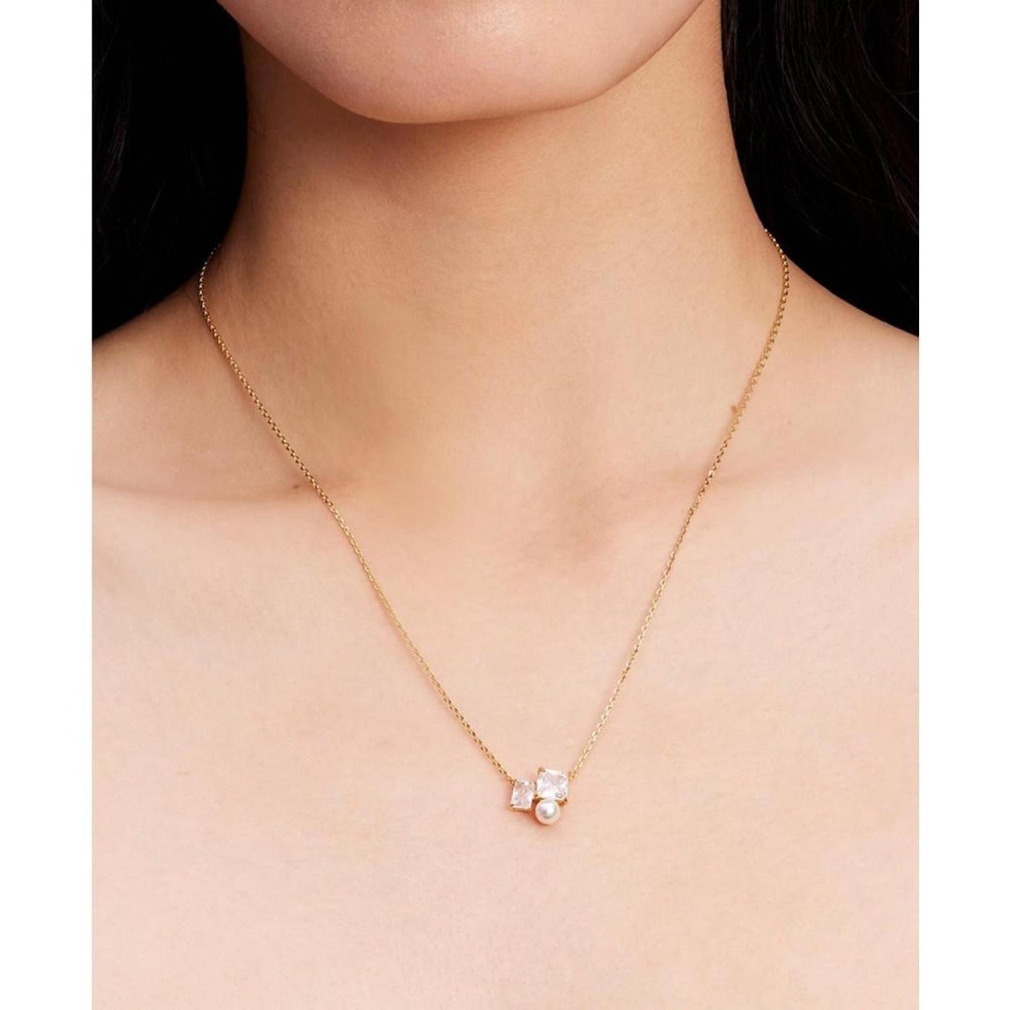 Gold-Tone Cubic Zirconia & Imitation Pearl Cluster Pendant Necklace, 16" + 3" extender