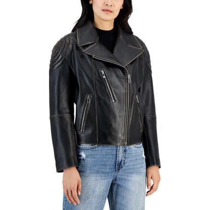 Women's Leather Zip-Sleeve Oversized Biker Jacket