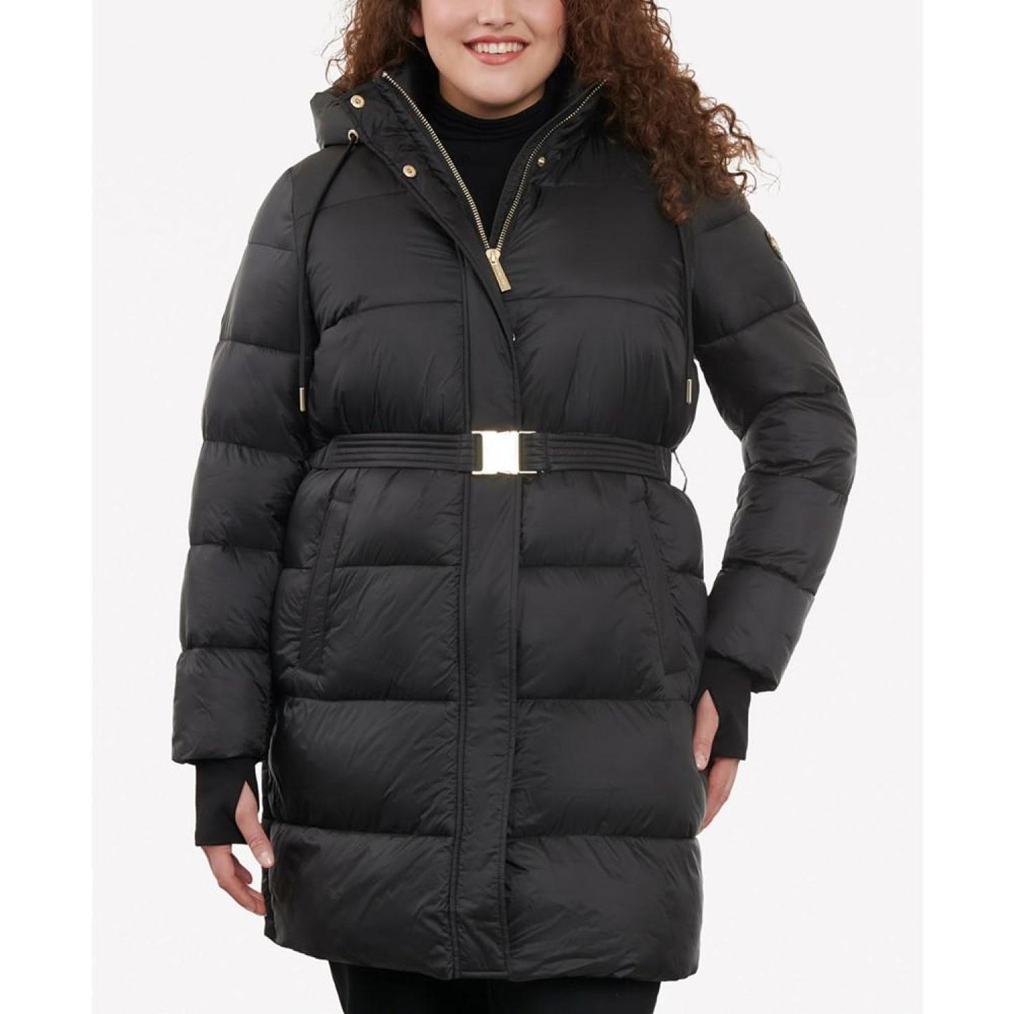 Women's Plus Size Hooded Belted Puffer Coat, Created for Macy's