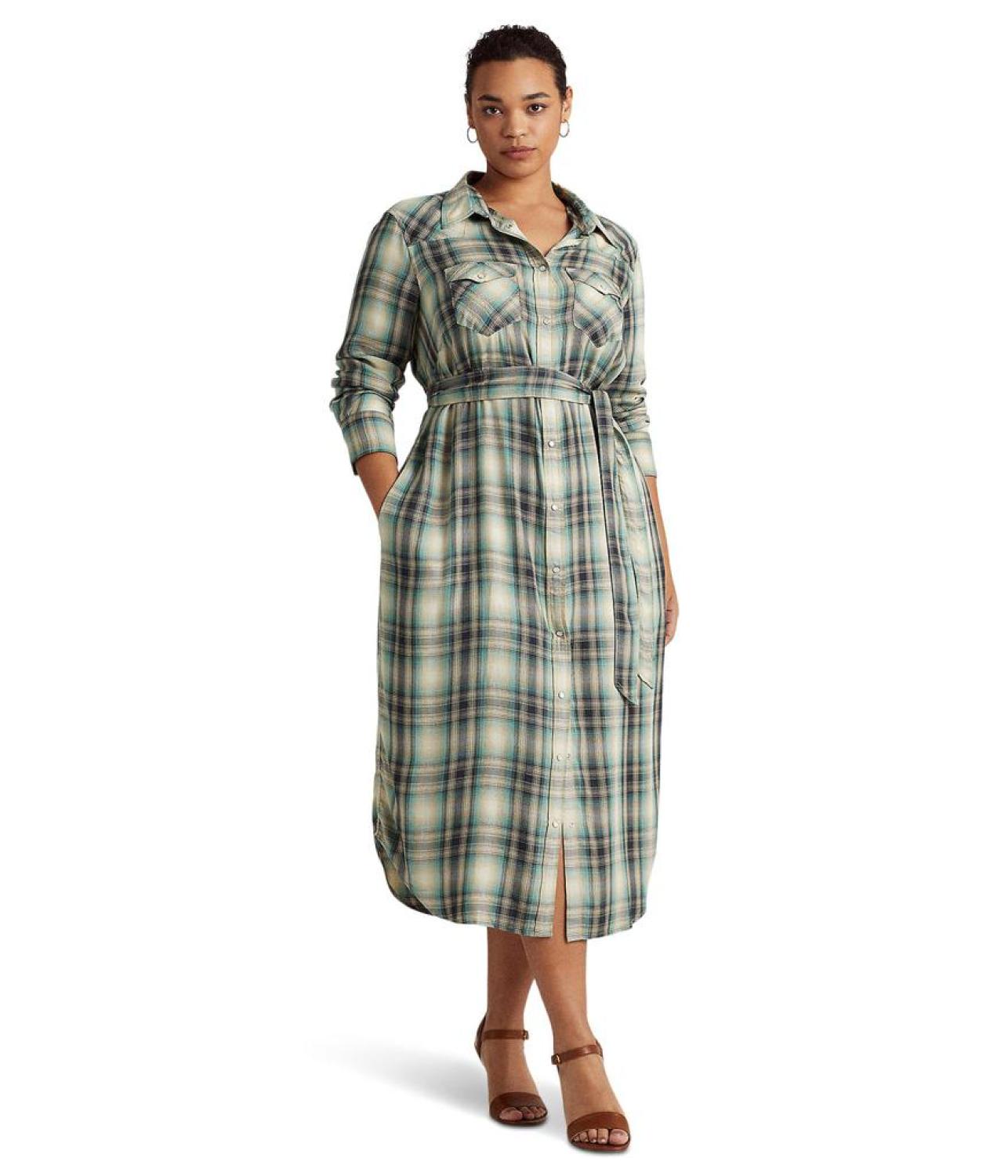 Plus Size Plaid Twill Shirtdress